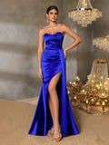 Ruched Side Draped Sweetheart Satin Tube Dress