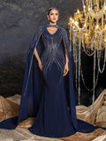 Elegant Two-Piece Evening Gown with Detachable Cape | Deep V-Neck Mermaid Dress & Opera Length Rhinestone Cape