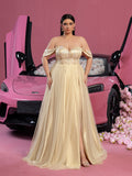 Plus Gorgeous Off Shoulder Beaded Sequin Bodice Split Thigh Tulle Formal Dress