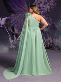 Plus Matenity One-Shoulder Chiffon Gown with Floral Appliqué & Floor-Length Train – Elegant 1XL-5XL Pregnancy Dress
