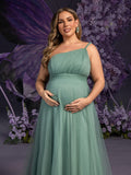 Plus Maternity Solid One Shoulder Sleeveless Mesh Party Dress