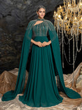 Gorgeous High Neck Chiffon Gown with Detachable Cape | Asymmetrical Cutout & Beaded Embroidery