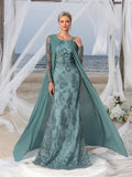Womens' Elegant Lace Mermaid Gown - Sheer Sleeves & Intricate Lace Patterns with Chiffon Overlay for Beach Weddings, Romantic Coastal Events