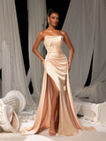 Elegant Satin Strapless Evening Gown with Lace Appliqué | High Slit & Sweep Train
