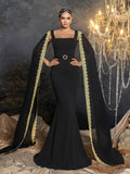 Elegant Mermaid Evening Gown with Square Neckline, Transparent Cape & Belted Waist, Golden Embroidered Edges