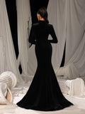 Elegant Velvet High-Neck Mermaid Gown with Chest Cutout, Rhinestone Accents & Floor-Length Train