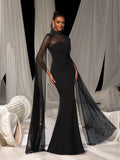 Elegant Sheer Sleeve Mermaid Gown with Rhinestone Capelet | Structured Bodice & Floor-Length Train