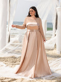 Plus Beaded Sheer Sleeve Formal Dress | Wide Belting | Satin A-Line Evening Gown