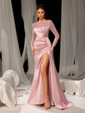 Elegant Satin Evening Gown with High Side Slit & Beaded Sequin Sleeves – Luxurious for Art Gallery Openings or Luxury Charity Galas, XS-XL