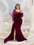 Plus Elegant Sweetheart Neck Contrast Sequin Mermaid Hem Velvet Evening Dress