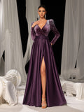 Elegant Evening Gown with Deep V-Neck & Side Slit – Luxurious Satin Gown for Red Carpet, Gala Dinners & High-End Events