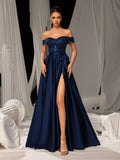 Elegant Off-Shoulder Evening Gown with Sequin Embellishments – High Slit Satin Skirt & Back Zipper for Luxury Weddings or Evening Glam, XS-XL