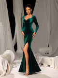 Elegant Velvet Evening Gown – Sweetheart Neckline and Thigh-High Slit, Luxury Dress for Glamorous Evening Wear, XS-XL