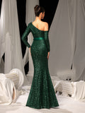 Elegant Glittering Sequin Evening Gown with Asymmetrical Sleeves – One-Shoulder Luxury Evening Wear for Red Carpet, Formal Galas & High-End Events