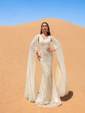 Gorgeous Beaded Sequin Mermaid Gown with Cape Sleeves – Elegant Evening Dress for Weddings, Red Carpet Galas & Opera Nights