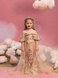 Young Girls' Sweetheart Collar Puff Sleeves Mesh Overlay Sequin Dress