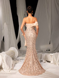 Elegant Strapless Sequined Evening Gown with High Slit & Bow – Mermaid Silhouette for Luxury Weddings or Red Carpet Events, XS-XL
