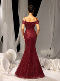 Elegant Sequined Off-Shoulder Gown with High Slit – Luxury Evening Wear for Red Carpet, Gala Dinners & Formal Weddings, XS-XL