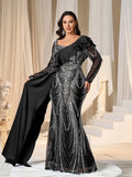 Plus Asymmetrical Ruffle Trim Mermaid Hem Graphic Sequin Formal Dress Evening Dress