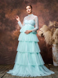 Maternity Mock Neck Lace Bodice Layered Tulle Hem Prom Dress
