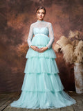 Maternity Mock Neck Lace Bodice Layered Tulle Hem Prom Dress