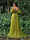Solid Off Shoulder Ruched Front Puff Sleeves Tulle Prom Dress