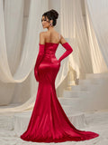 Elegant Ruched Wrap Hem Satin Tube Prom Dress(Gloves Included)