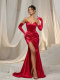 Elegant Ruched Wrap Hem Satin Tube Prom Dress(Gloves Included)