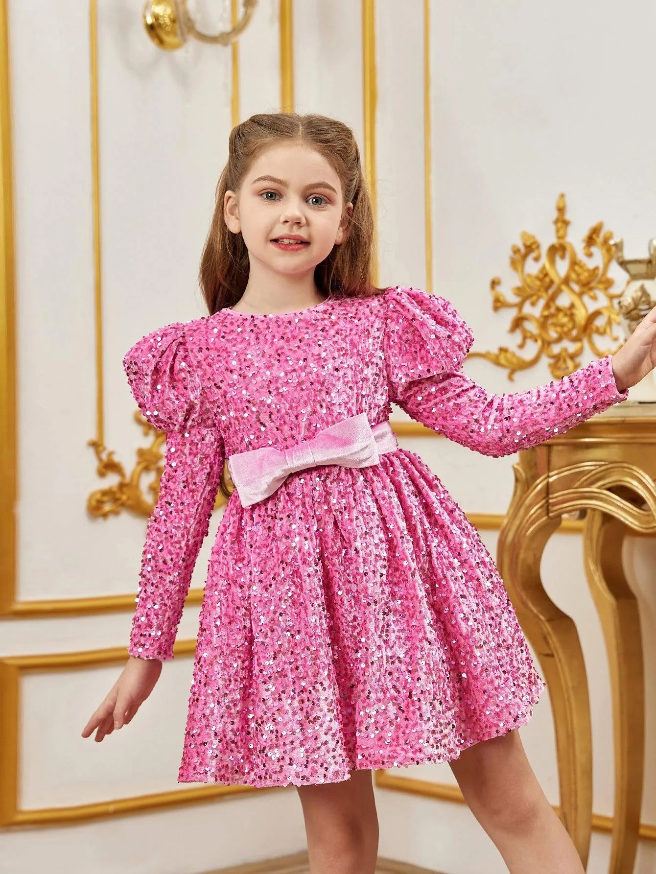 Tween Girls' Gigot Sleeve Bow Decor Sequin Midi Dress - Elonnashop