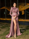Elegant High-Neck Long-Sleeve Beaded Mermaid Gown with High Slit & Floor-Length Train
