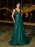 Elegant V Neck Sleeveless A Line Sequin Party Dress