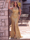 Plus Elegant One Shoulder Split Thigh Sequin Mermaid Hem Evening Dress