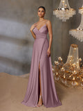 Solid V Neck Split Thigh Cami Bridesmaid Dress