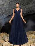 Glitter V Neck Sleeveless Maxi A Line Pleated Dress