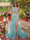 Luxury One Shoulder Tulle Overlay Mermaid Hem Floral Sequin Prom Dress