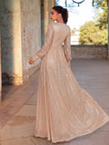 Elegant V Neck Long Sleeves Sequin A Line Dresses