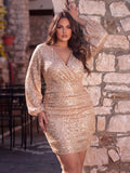 Plus V Neck Lantern Sleeve Sequin Bodycon Dress