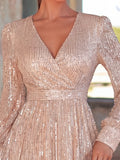 Elegant V Neck Long Sleeves Sequin A Line Dresses