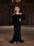 Tween Girls' Off Shoulder Ruffle Trim Sequin Mermaid Dress - Elonnashop