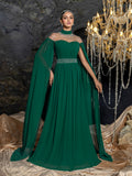 Dramatic Cape Evening Dress | High Neck Chiffon with Rhinestone Details