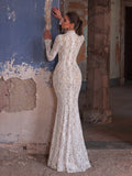 High Neck Long Sleeve Lace Maxi Dress | Sheer Illusion Mermaid Gown with Trumpet Sleeves & Open Back | Elegant Evening Dress for Formal Parties, Proms, Ceremonies