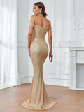 Contrast Mesh Off Shoulder Mermaid Hem Sequin Formal Dress - Elonnashop
