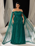 Plus Off-Shoulder Sequined Gown with Flowing Cape – Luxury Evening Wear for Weddings or Red Carpet Events, 1XL-5XL