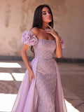 Off-Shoulder Beaded Mermaid Gown with Puff Sleeves, Corset Back & Tulle Train | Luxury Glitter Evening Dress for Prom & Formal Events