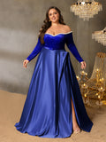 Plus Women's Pearl Accented Off-The-Shoulder Formal Gown | Long Sleeves | Defined Waist Belt | Full Flared Skirt