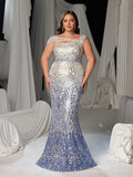 Plus Women's One-Shoulder Geometric Pattern Sequin Mermaid Gown | Illusion Back Evening Dress