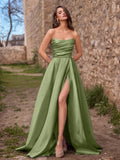 Elegant Strapless Satin Maxi Dress with High Front Slit, Open Back Lace-Up Corset, Flowy A-Line Skirt for Galas, Weddings, Prom