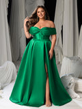 Plus Women's Satin Off-Shoulder Evening Dress | High Slit & Back Lacing Gown