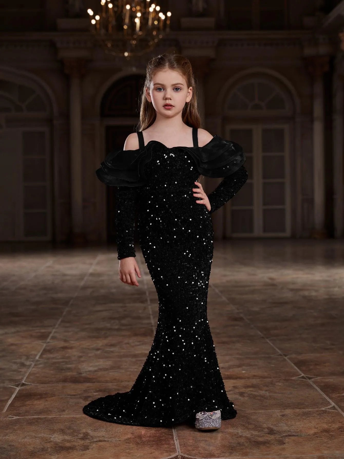 Tween Girls' Off Shoulder Ruffle Trim Sequin Mermaid Dress - Elonnashop