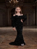 Tween Girls' Off Shoulder Ruffle Trim Sequin Mermaid Dress - Elonnashop